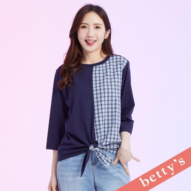 【betty’s 貝蒂思】格紋拼接下襬綁帶七分袖T-shirt(深藍)