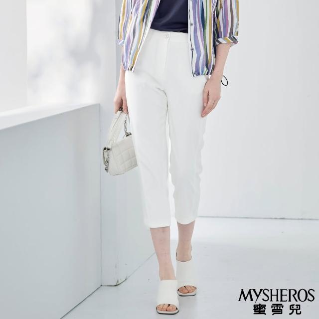 【MYSHEROS 蜜雪兒】嫘縈休閒七分長褲 前釦拉鍊後鬆緊 口袋飾品裝飾(白)
