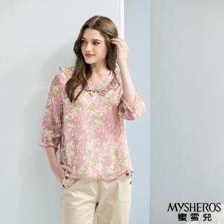 【MYSHEROS 蜜雪兒】造型雪紡上衣 波浪蝴蝶結珠鑽裝飾領 花邊袖設計 滿版浪漫印花(粉)
