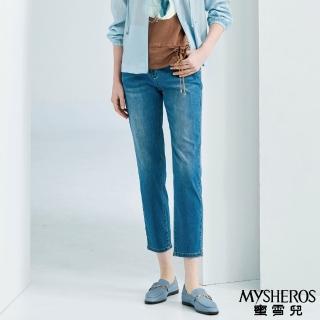 【MYSHEROS 蜜雪兒】造型休閒牛仔長褲 高含棉面料 前釦拉鏈 後口袋細緻蝴蝶結刺繡細節(藍)