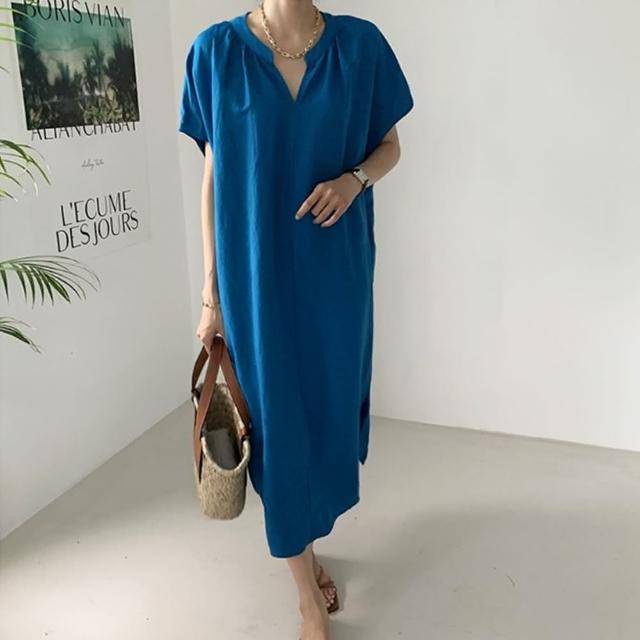 【米蘭精品】現貨+預購 洋裝短袖連身裙(寬鬆棉麻休閒V領女裙子74kf28)