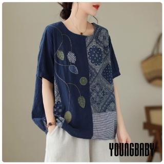 【YOUNGBABY】復古深藍葉子貼布圖騰造型上衣 中大尺碼女裝