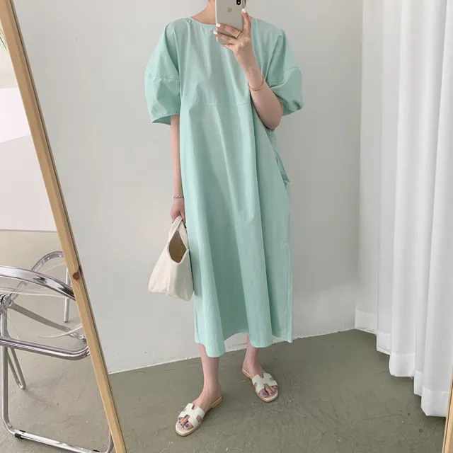 【米蘭精品】現貨+預購 洋裝泡泡袖連身裙大尺碼長裙連衣裙A字裙休閒大碼女裝(圓領寬鬆顯瘦女裙子3色74kf50)