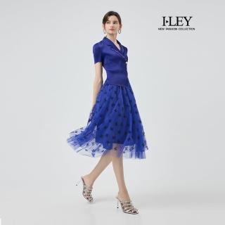 【ILEY 伊蕾】蝴蝶植絨壓褶短袖洋裝(藍；M-2L；1252567101)