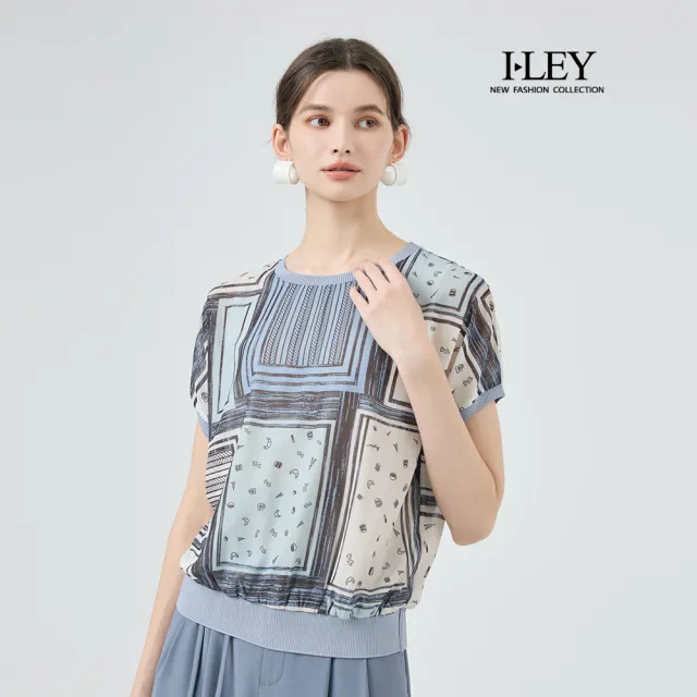 【ILEY 伊蕾】飛鼠袖印花雪紡上衣(淺藍;M-XL;1252511408)