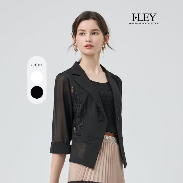 【ILEY 伊蕾】蕾絲網紗拼接透膚西裝外套(兩色；M-2L；1251164703)