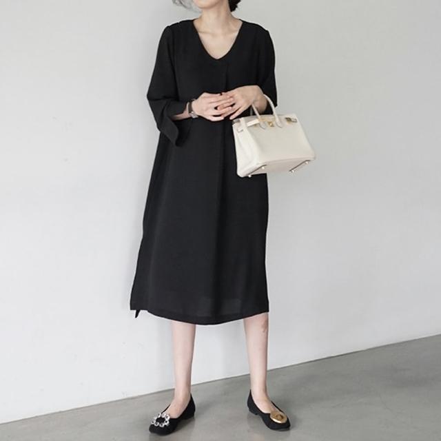 【米蘭精品】現貨+預購 洋裝七分袖連身裙(時尚V領寬鬆氣質女裙子2色74kf49)