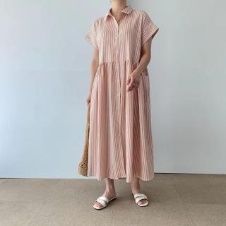 【米蘭精品】現貨+預購 洋裝短袖連身裙(夏季寬鬆口袋條紋襯衫裙女裙子2色74kf45)