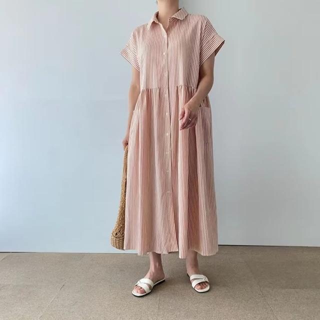 【米蘭精品】現貨+預購 洋裝短袖連身裙(夏季寬鬆口袋條紋襯衫裙女裙子2色74kf45)