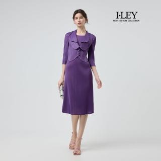 【ILEY 伊蕾】假兩件壓褶釘珠洋裝(深紫；M-XL；1251567001)