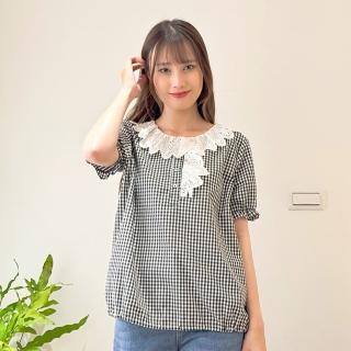 【Hana Mokuba】花木馬日系女裝鏤空蕾絲花邊領口格紋上衣(上衣)