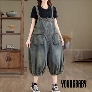 【YOUNGBABY】立體大口袋七分燈籠褲牛仔吊帶褲 中大尺碼女裝
