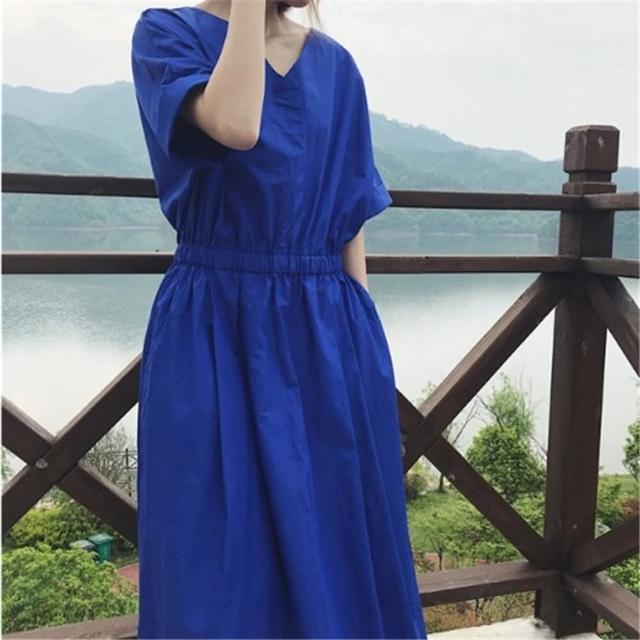 【米蘭精品】現貨+預購 洋裝短袖連身裙(韓版V領長款收腹女裙子74kf3)