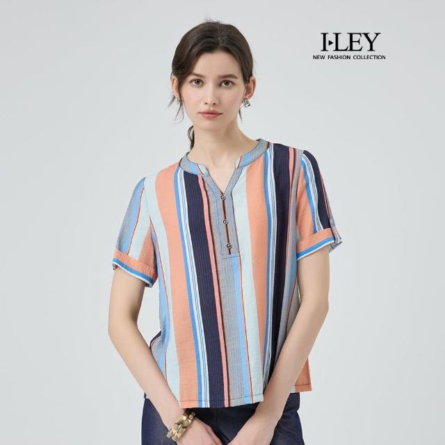 【ILEY 伊蕾】撞色條紋縲縈印花上衣(淺藍；M-2L；1252181430)