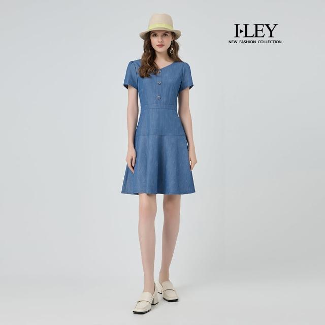 【ILEY 伊蕾】花卉壓紋縲縈牛仔洋裝(藍；M-XL；1252028721)