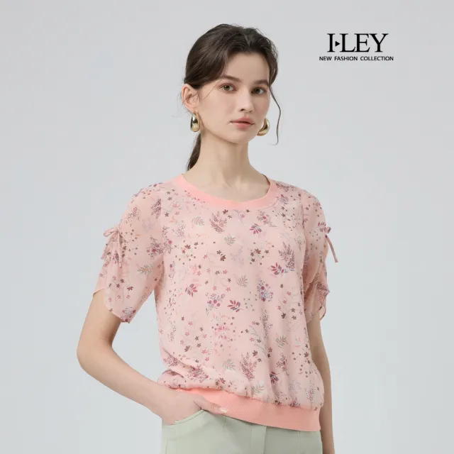 【ILEY 伊蕾】印花拼接羅紋雪紡上衣(粉;M-2L;1252021428)