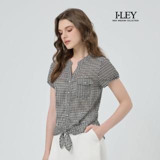 【ILEY 伊蕾】條紋排釦綁結小V領上衣(黑；M-2L；1251211002)