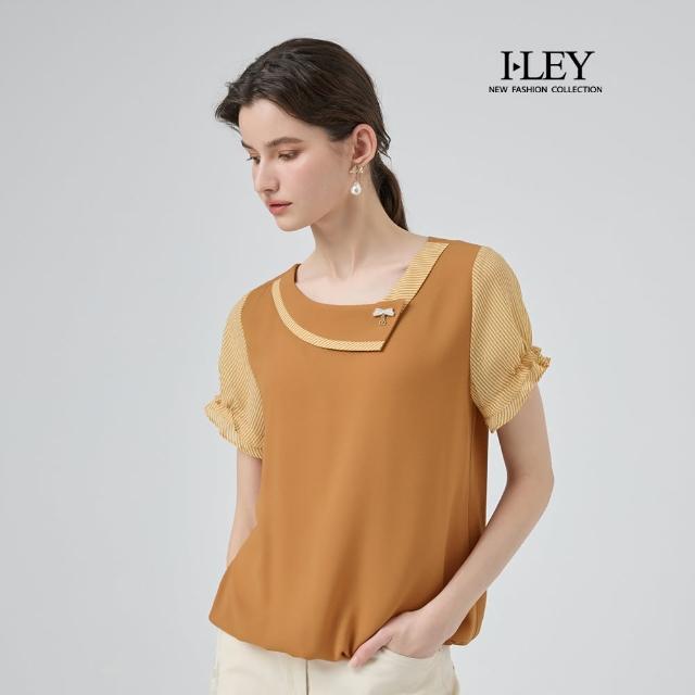 【ILEY 伊蕾】造型翻領拼接雪紡上衣(卡其；M-2L；1252211113)