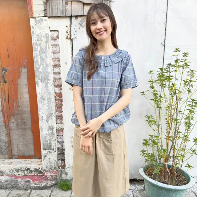 【Hana Mokuba】花木馬日系女裝格紋荷葉邊兩側鬆緊收口上衣(造型上衣)