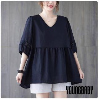 【YOUNGBABY】秀氣V領泡泡袖娃娃遮肚子上衣 中大尺碼女裝