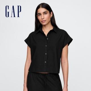 【GAP】女裝 翻領袖短袖襯衫-黑色(718362)