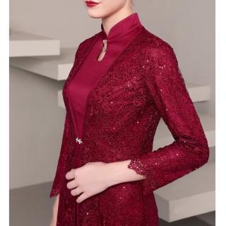 【女神婚紗禮服】復古雕花兩穿式外套斜襟後開衩旗袍媽媽宴會短裙禮服GLL538#紅色(優雅媽媽宴客 拉鍊款)