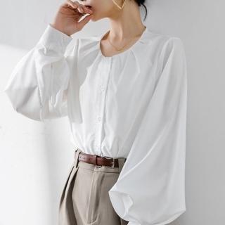 【米蘭精品】現貨+預購 襯衫長袖上衣(法式復古寬鬆圓領女裝2色74ke40)