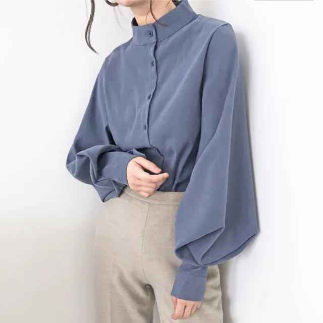 【米蘭精品】現貨+預購 襯衫燈籠袖上衣(港味復古立領純色女裝4色74ke17)