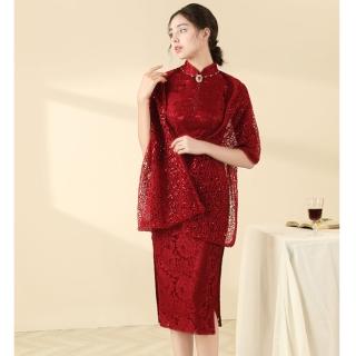 【女神婚紗禮服】復古雕花縷空雕花中式旗袍膝下短洋裝媽媽宴會禮服GLL505紅色(喜慶旗袍媽媽宴會裝 拉鍊款)