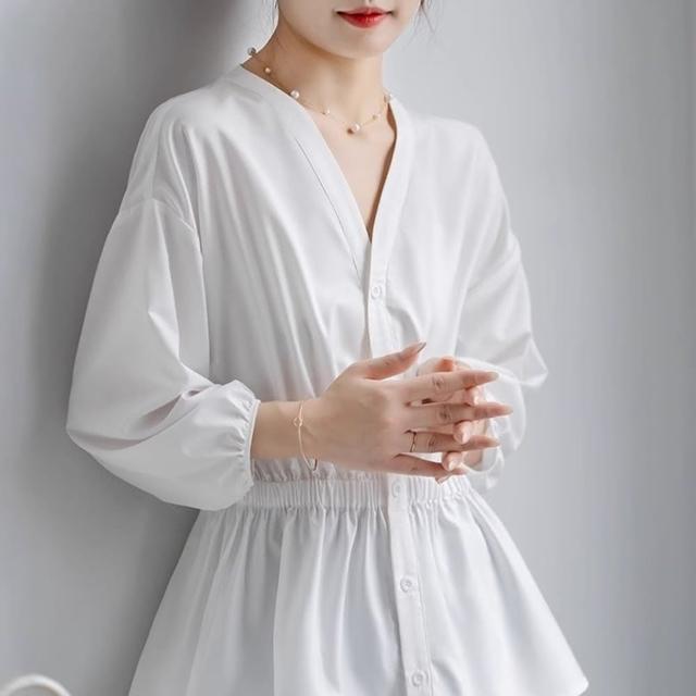 【米蘭精品】現貨+預購 襯衫燈籠袖上衣(V領減齡設計感小眾女裝74ke87)
