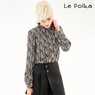 【Le Polka】幾何條紋長袖高領上衣-女