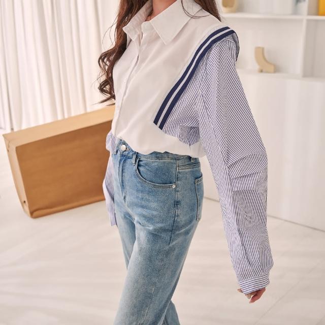 【MYDRESS】假兩件泡泡袖條紋襯衫