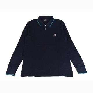【Paul Smith】PAUL SMITH布標白字LOGO有機棉彩斑馬布章2鈕釦領口長袖POLO衫(男款/深藍)