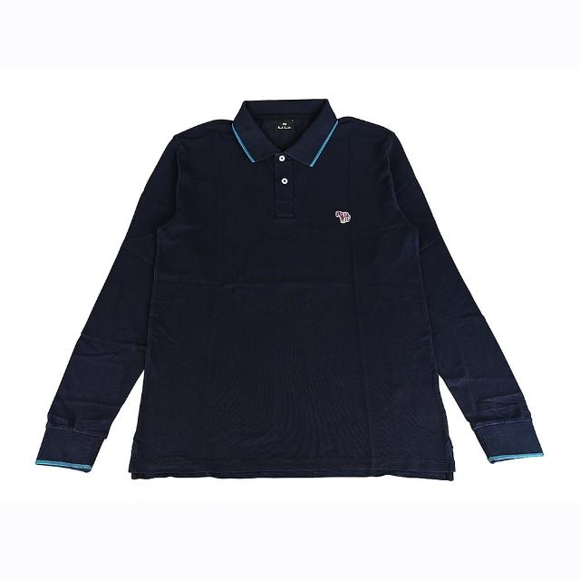 【Paul Smith】PAUL SMITH布標白字LOGO有機棉彩斑馬布章2鈕釦領口長袖POLO衫(男款/深藍)