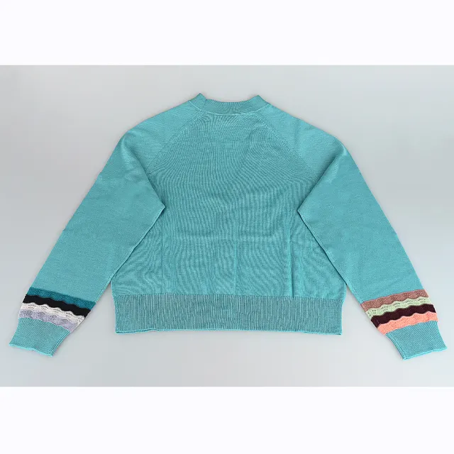 【Paul Smith】PAUL SMITH內標白字LOGO羊毛混紡5鈕釦多色花邊長袖口V領開襟衫(女款/綠藍)