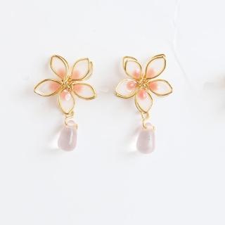 【海藍樂木珠寶 La Morongo Jewelry】S925銀日系櫻花琅水滴耳釘粉色(S925銀 耳釘 日系 氣質)