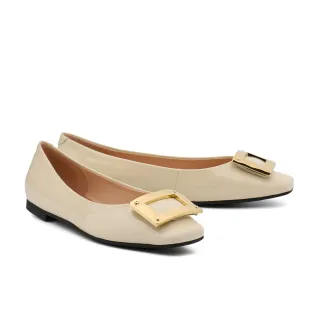 【HELENE_SPARK】時尚品味長方釦全真皮方頭平底鞋(米)