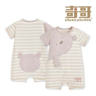 【奇哥】Chic a Bon 男童裝 小蹦熊條紋趣味熊側開短袖兔裝/連身衣(3-18個月)