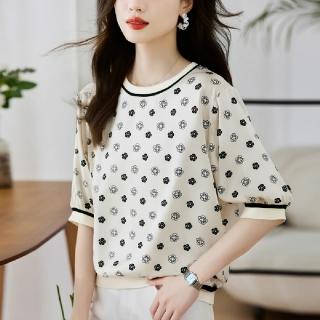 【LANNI 藍尼】★玫瑰緞面模擬絲上衣(女上衣/短袖/休閒/圓領)