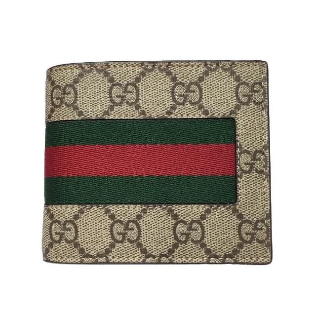 【GUCCI 古馳】779854 經典Ophidia GG綠紅綠織帶對開零錢格錢包短夾(棕色)