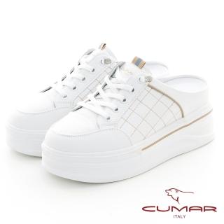 【CUMAR】車格厚底臺真皮後空懶人休閒鞋(白色)
