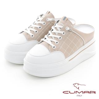 【CUMAR】車格厚底臺真皮後空懶人休閒鞋(粉紅色)
