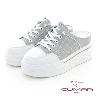 【CUMAR】車格厚底臺真皮後空懶人休閒鞋(灰色)