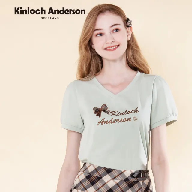 【Kinloch Anderson】公主袖格紋蝴蝶結桃心領顯瘦棉質上衣(KA1253014 淺綠/藏青)