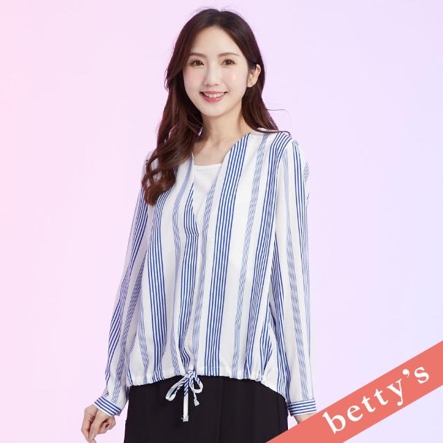 【betty’s 貝蒂思】假兩件直條紋下擺抽繩長袖上衣(藍色)