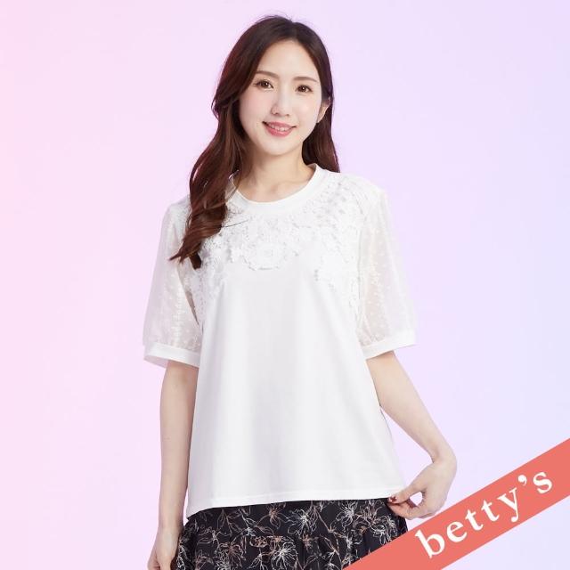 【betty’s 貝蒂思】浪漫蕾絲燒花紗袖T-shirt(白色)