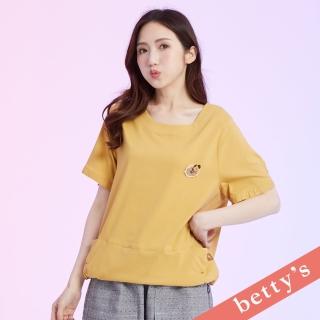 【betty’s 貝蒂思】小貓格紋蕾絲別針+素面下擺抽皺上衣(黃色)