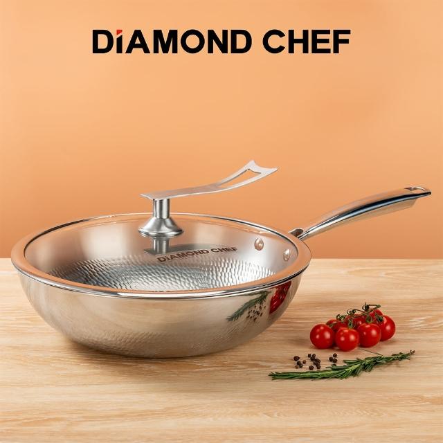 【DIAMOND CHEF】純鈦垂紋不沾單柄深炒鍋32CM(附可站立鍋蓋/不挑爐具)