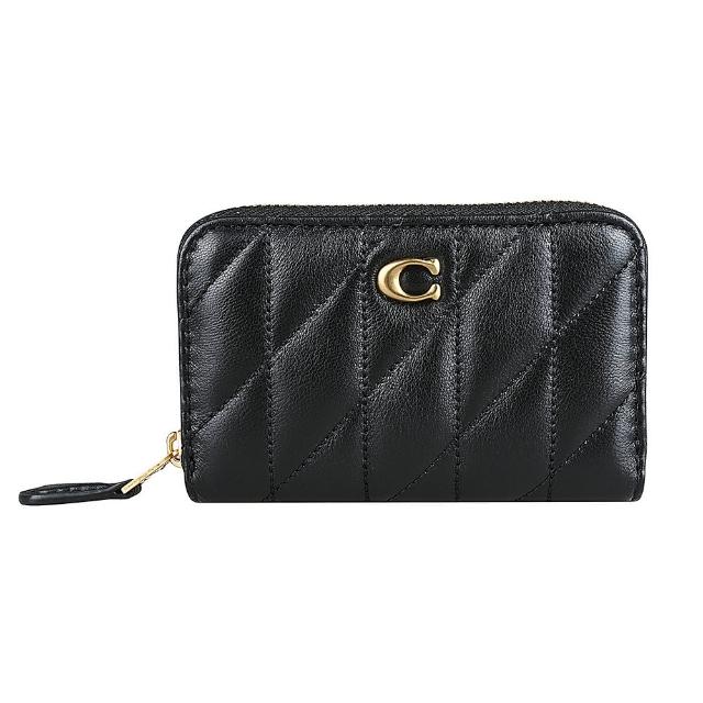 【COACH】COACH 金字C金屬LOGO納帕皮革絎縫拉鍊卡夾零錢包(黑)