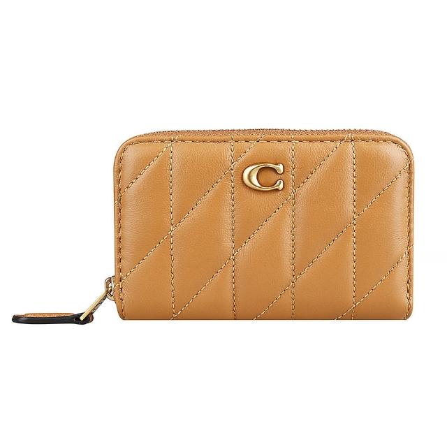 【COACH】COACH 金字C金屬LOGO納帕皮革絎縫拉鍊卡夾零錢包(蜂蜜棕)